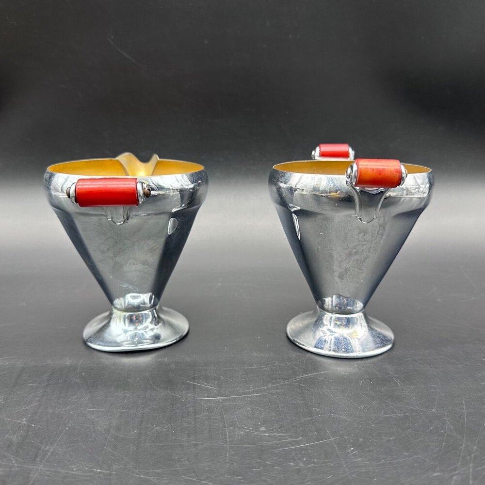 Vintage Creamer Sugar Bowl Art Deco 1930s Chrome Cherry Red Bakelite Handles - Picture 5 of 14